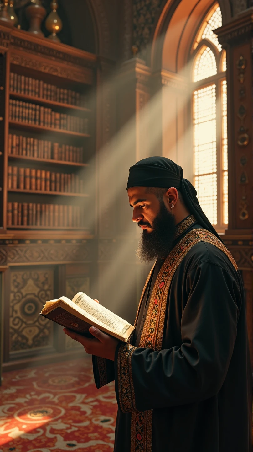 "A man in traditional Islamic attire, such as a thobe or kurta, and a kufi or turban. He could have a peaceful and respectful expression, with a beard if appropriate. The setting could be a mosque or a serene, spiritual environment, and he might be holding a copy of the Quran or engaged in prayer."