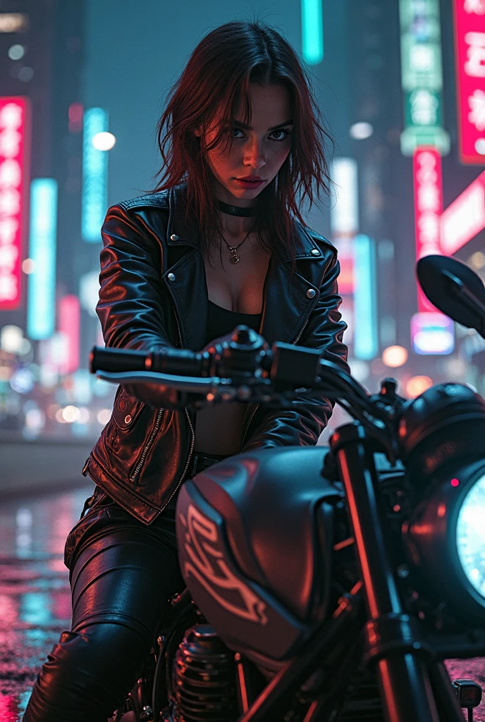 "Create a high-definition, ultra-detailed 3D rendering of a dystopian cyberpunk back alley set in the year 2527. The scene takes place at night during a mysterious, rainy atmosphere. In the foreground, prominently feature a motorcycle girl.(Looking away),(girl is far away), She should be positioned within a detailed, shadowy alley illuminated by vibrant neon signs. The neon lights should reflect off the wet pavement and cast dynamic shadows. The environment should emphasize a futuristic, gritty feel, with a strong sense of depth of field and a big-picture perspective. The scene should capture both the intricate details of the character and the dystopian surroundings." Girl is looking away, wearing scarf over her face