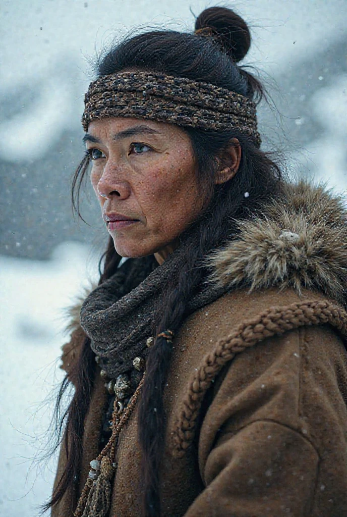Japanese cavewoman, slim-thicc, bossy, beautiful, callipygian, wearing primitive animal pelt clothing, cavewoman, primitive, tribal, ice age, sfw, stone age, fierce, fertile, dominant, in charge, Mesolithic, safe for work, wilderness