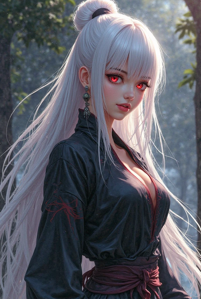 woman with evil face, very long white hair, Red eyes, small breasts