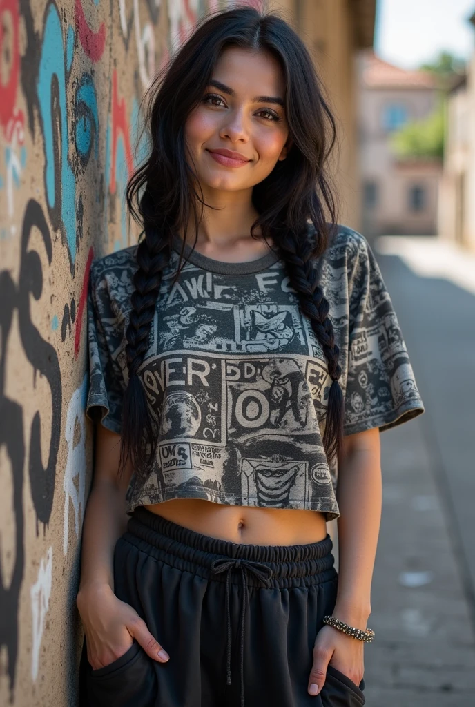 Generate the image of a Brazilian student in a university environment. She stands tall, delgado, e tem cabelos loiros curtos. Her eyes are light brown and express determination. Ela usa uma camiseta colorida e abstrata que combina com sua personalidade vibrante e carrega uma mochila colorida com detalhes no estilo punk nas costas. She has a visible tattoo, Adding an artistic and rebellious touch to your look. Ela usa um fone de ouvido moderno, e na paisagem circundante, There are graffiti and urban paintings, Creating a Creative and Eclectic Atmosphere on the University Campus