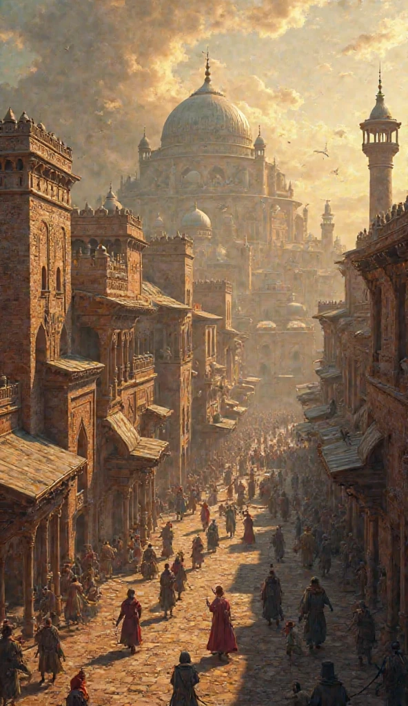 "A majestic palace made entirely of shimmering gold, with intricate patterns carved into the walls, reflecting the sunlight in a dazzling display. The palace is surrounded by floating islands with waterfalls cascading down into a misty abyss. The architecture combines ancient Egyptian and Byzantine influences, with tall, slender towers topped with glowing orbs. In the background, a golden sky at sunset casts a warm, ethereal glow over the entire scene."