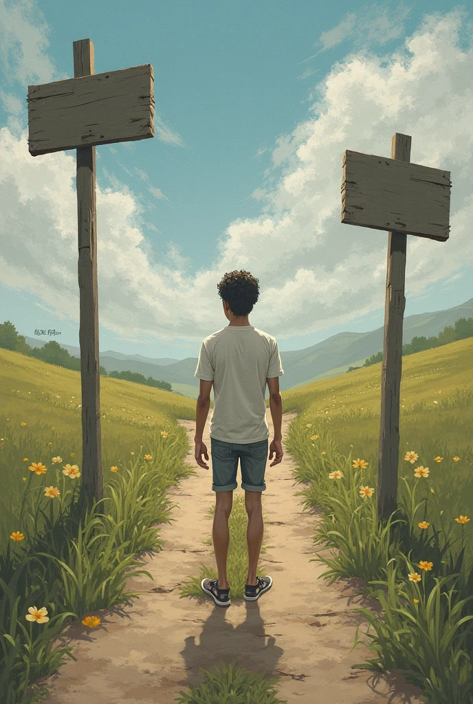 an arrow pointing on the opposite directions like deciding which road to go to. there is a boy standing in between the arrows. he looks like confused and worried