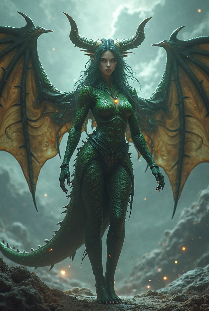 Color photo of a succubus with long horns and a devil's tail -c 10-ar 2:3