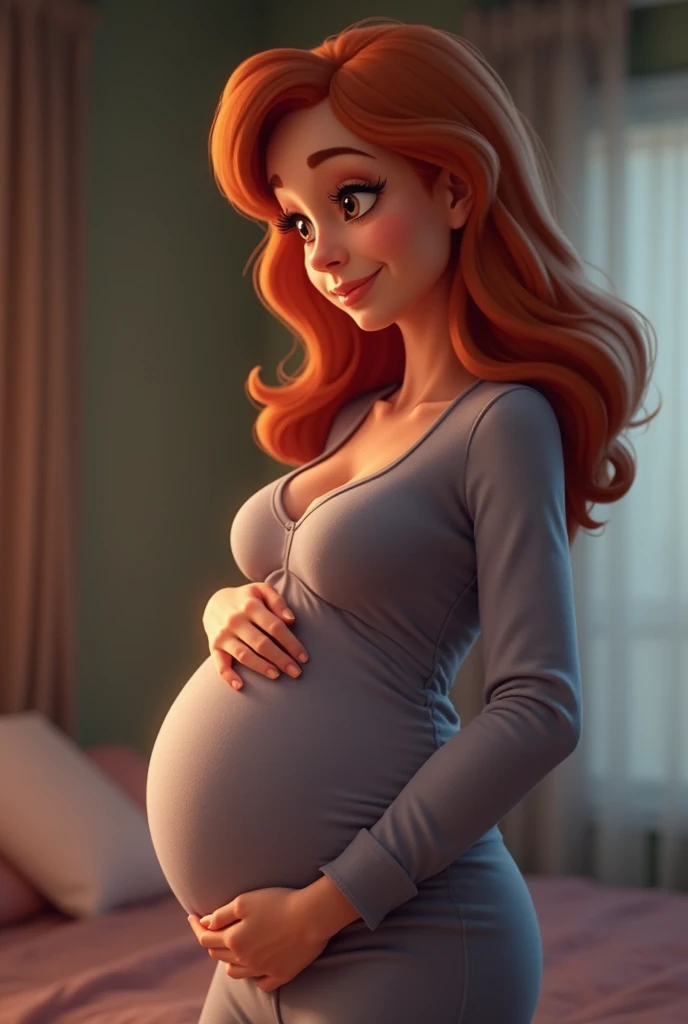 Beautiful petit redhead woman in her thirties, pregnant, huge tits, slim, small waist, round ass, wearing a blue sundress. She has grey big eyes, small nose and full lips. Sweet but angry expression. Standing outside the door in the porch. Point of view from inside the house and from above her