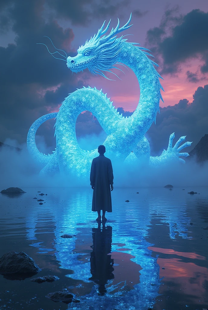 A young Chinese man in traditional robes standing at the edge of a misty river. Behind him, a ghostly female figure in ancient clothing hovers protectively. In the stormy sky above, a massive Chinese dragon looms menacingly. The scene is dimly lit with an eerie blue glow