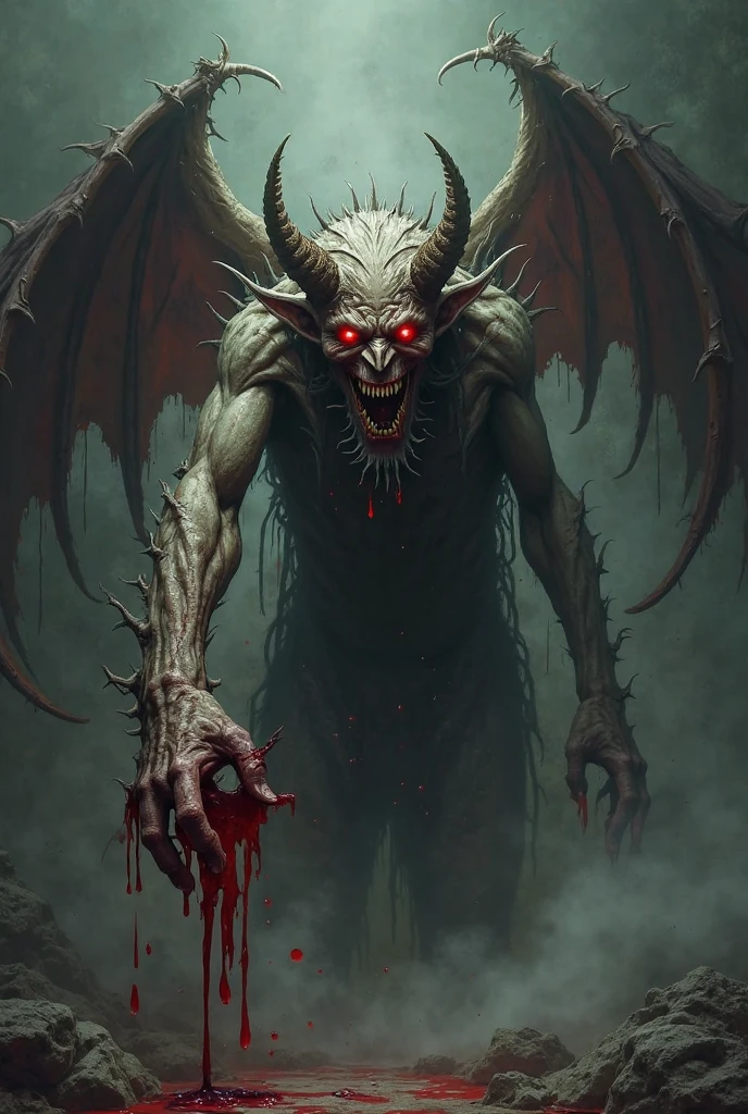 Very scary demon with wings in the middle of a snow forest full of blood, with a human head in one hand and a stick in the other hand scaring people