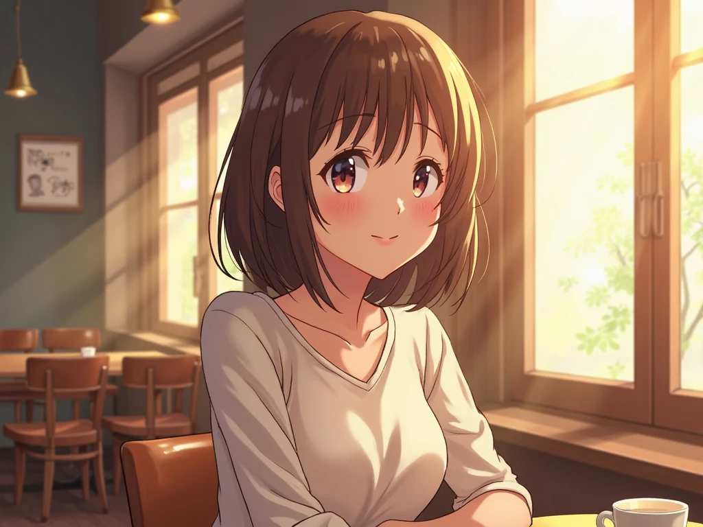 (Raw photo, highest quality), 1 girl, Natural light, Upper body, coffee shop, smile, Satosh Kong's art style