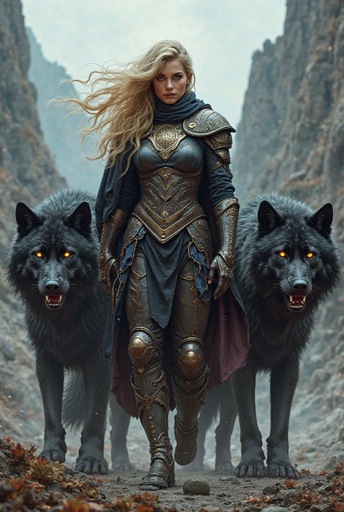Hot blonde warrior woman beside two large black wolves - SeaArt AI