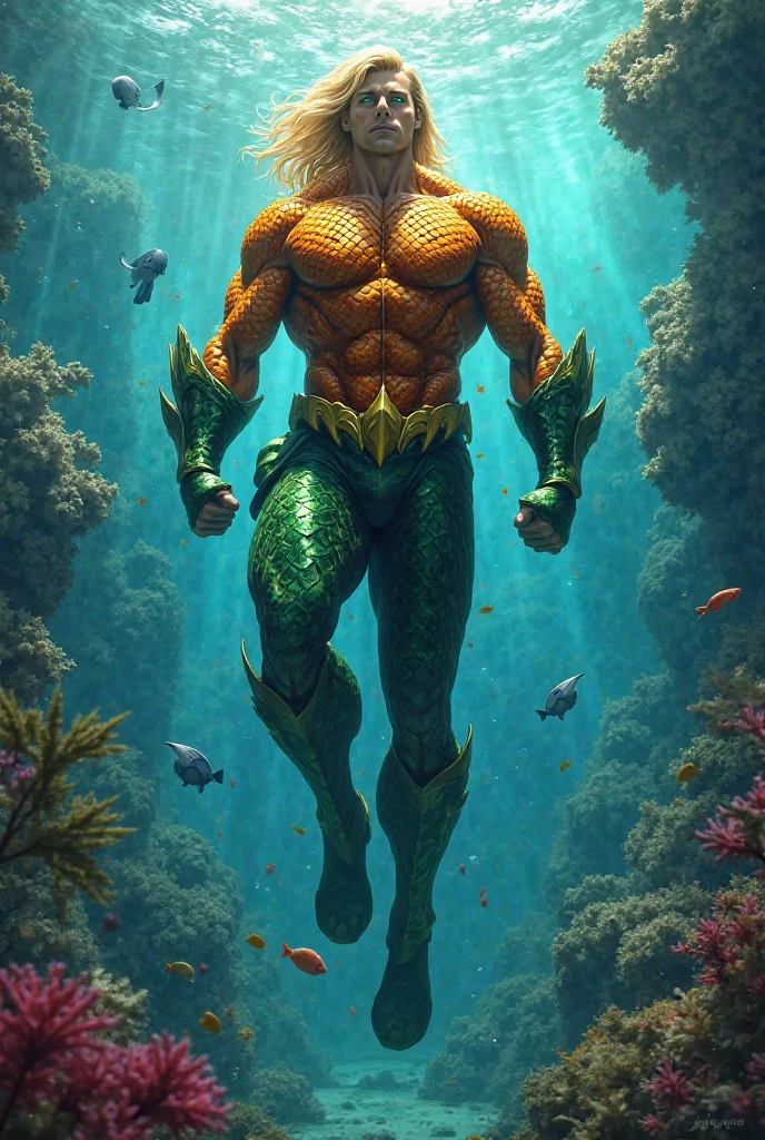 ((Homme poisson)), ((avec des nageoires sur son corps)), ((avec des écailles nacrés, ((Oreilles d'elf en forme de nageoire)), ((nageoire caudale et dorsale visible))