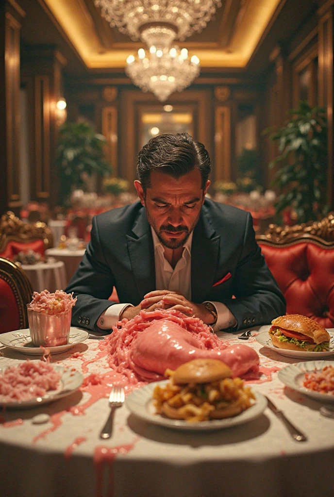 photorealistic double exposure of a fatman{fancy suit and black sunglasses, eating a extra large burger, sloppy, ketchup splash all over his hand and suit)(break)} and a skinny man, humpback, sitting_crossing leg, beg for food, blurred edges, slow shutter speed motion photography, shot on FujiFilm XT4 camera f/1.3. ISO 200, long hair, dramatic light, intricate detailed, a water element transition movement of color background(face detailed:1.5)