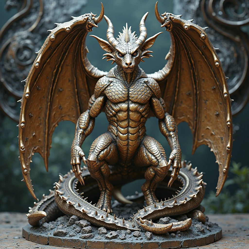 <lyco:DonML1quidG0ld-000008:0.8> ((best quality)), ((masterpiece)), ((realistic)), (detailed), DonML1quidG0ld Medium Camouflaged Subterranean Vintage draconian, Quadrupedal Hexamanual, Webbed Appendages, Single-Tailed Curved-Tailed, Slimy Skin, Dragon Wings, Branched Horns Mandibulate Jaw Black, ((masterpiece)), absurdres, HDR, <lora:add_detail:1>, <lora:LowRA:0.5>