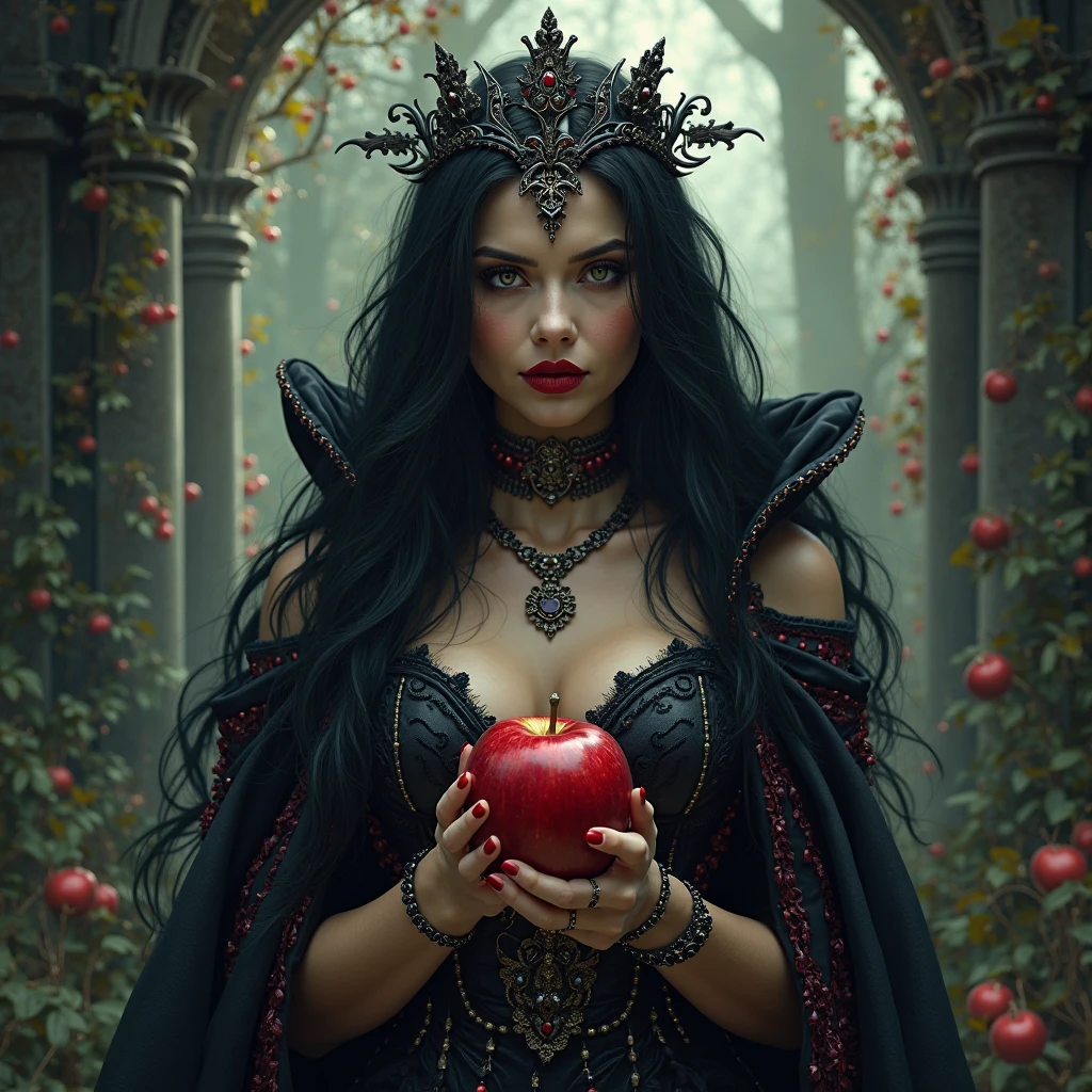girl,Black long hair,Black Queen,Accessories,Apple in hand,Poison apples,Witch Queen,Red lipstick