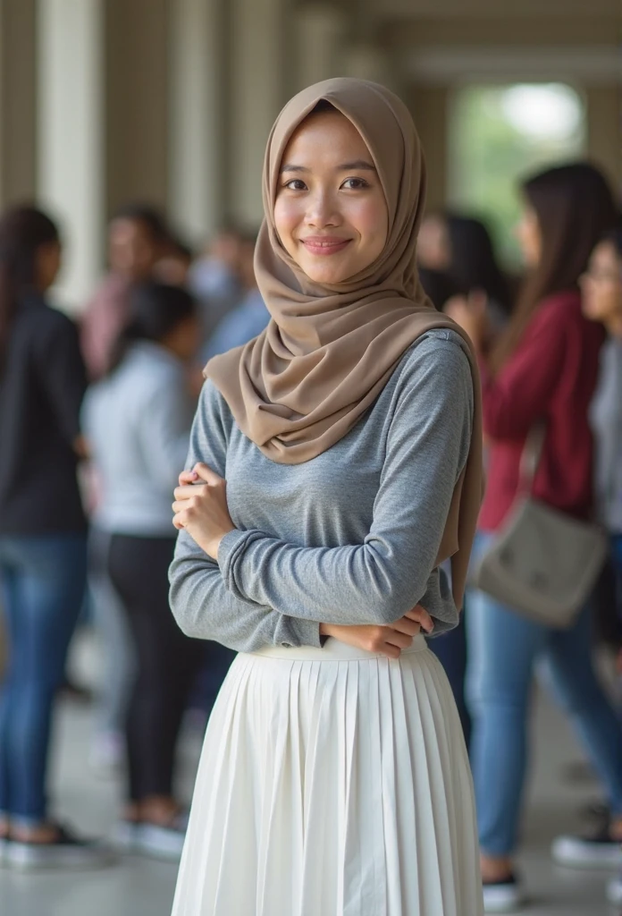 (photorealism:1.2), muslim schoolgirl, with hijab and tied uniform, showing her belly button, sexy pose