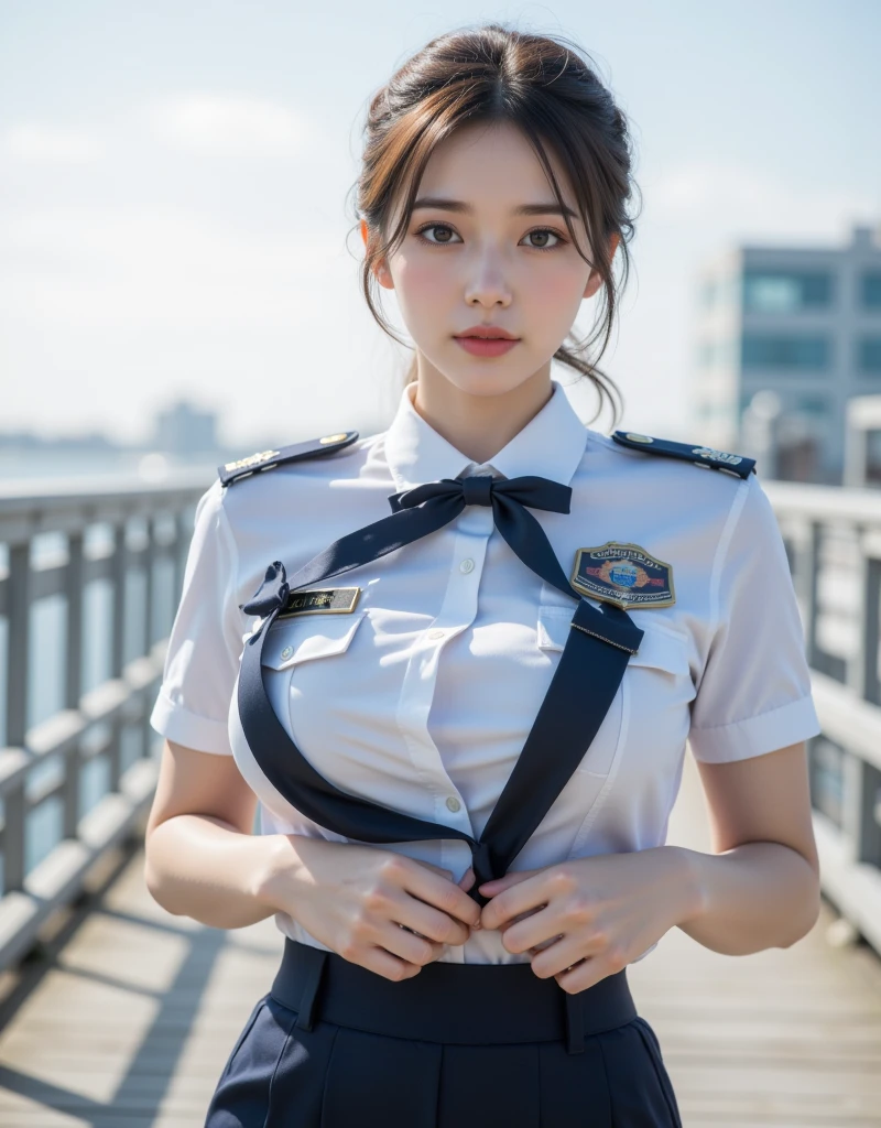 A 25-year-old female police officer with a perfect long ponytail, slightly crying, in Harajuku style, big natural color lips, and a plump body with smooth skin. She is wearing a light blue short-sleeved shirt, navy tie, high-waisted miniskirt, belt, white gloves, and a police