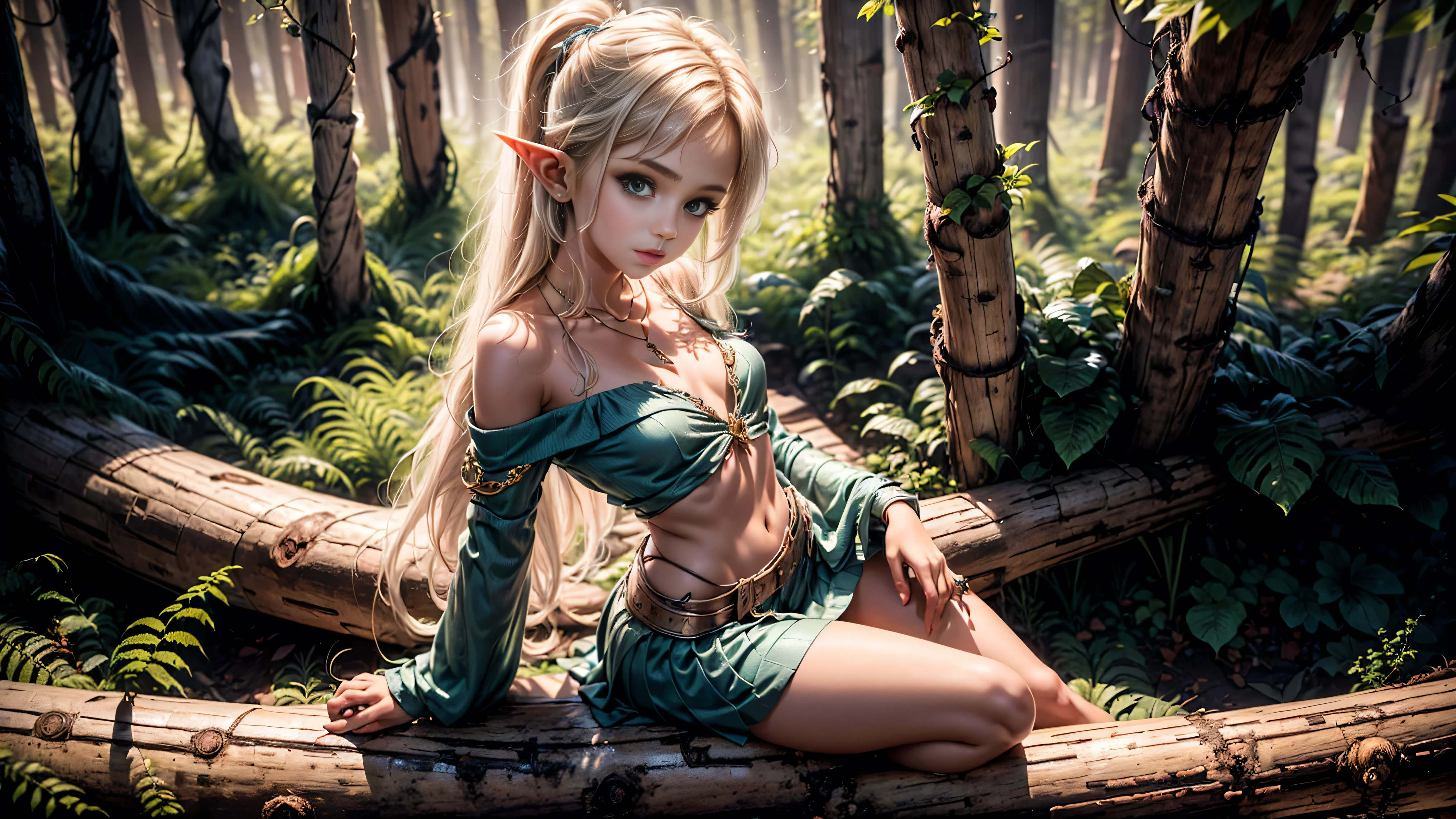 ((1girl)), ((solo)), elf, long hair, young elf girl, small pointy ears, round breasts, nude, looking at viewer, green eyes, jewelry, necklace, off shoulder, ((straddling a log in a forest)), ((skinny)), ((ite)), ((small)), flirting with camera, Best Looks,