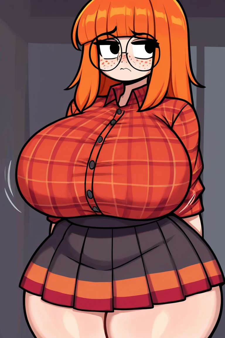 make redhaired ssbbw fat girl in too tight shirt and skirt stuck in door in office