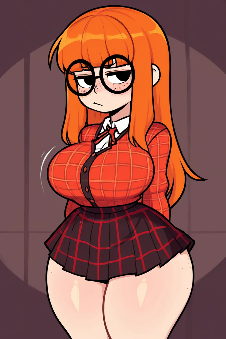 8k, masterpiece, best quality,, cowboy shot, 1girl, solo, itsuki, serious looking girl, medium-length hair, expressive ahoge, reddish-orange hair, a pair of star-shaped hairpins near both of her eyes, dark blue eyes, average height, well-endowed figure, glasses, cute, biker, massive breast, thick thighs, big stockings, heart eyes, horny