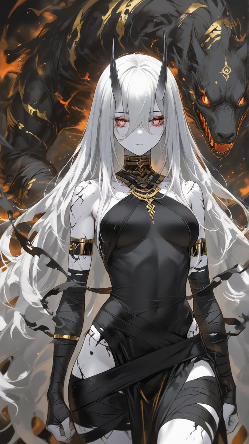 ((best quality)), ((highly detailed)), masterpiece, (detailed eyes, deep eyes), (1girl), full body, <lora:aiomonstergirls_loraLocon:.1>, (hellhound), colored skin, charcoal black colored skin:1.33, wolf ears, black fur, grey hair, flame eyes, orange eyes, ((glowing eyes)), dog collar, chain leash, chains, shackles, monster girl, (on a floating island), <lora:hot_melon:.65>, hot melon