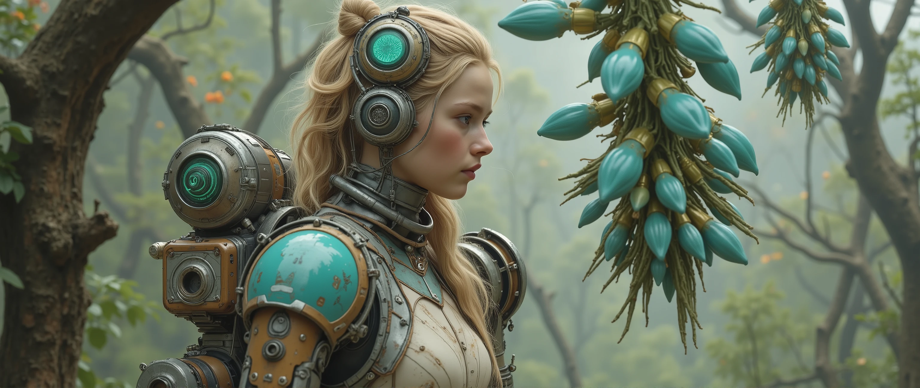 epic oil painting , 16 thousand., photo quality, The fantasy zone , science fiction, portrait of a girl dressed up to the waist in cybernetic armor with reinforced armor plates and protective paint with tactical numbers and the emblem of the mechanized division, an elegant and fragile naked girl looks at an alien futuristic flower of incredible beauty hanging in clusters from tree branches and of a completely unusual shape with iridescent turquoise flowers , the girl is armed with a large-caliber long-range sniper rifle to go to Megazavzo Diplodocus, dangerous mangrove planet with mangrove swamps , , a dangerous marsh planet with springs flowing through the rocks and small picturesque waterfalls, Orion constellation universe, with a scrupulous drawing of all the small details, detailing with thousands of small details , epic oil painting , close-up portrait of a girl sniffing a flower, ,