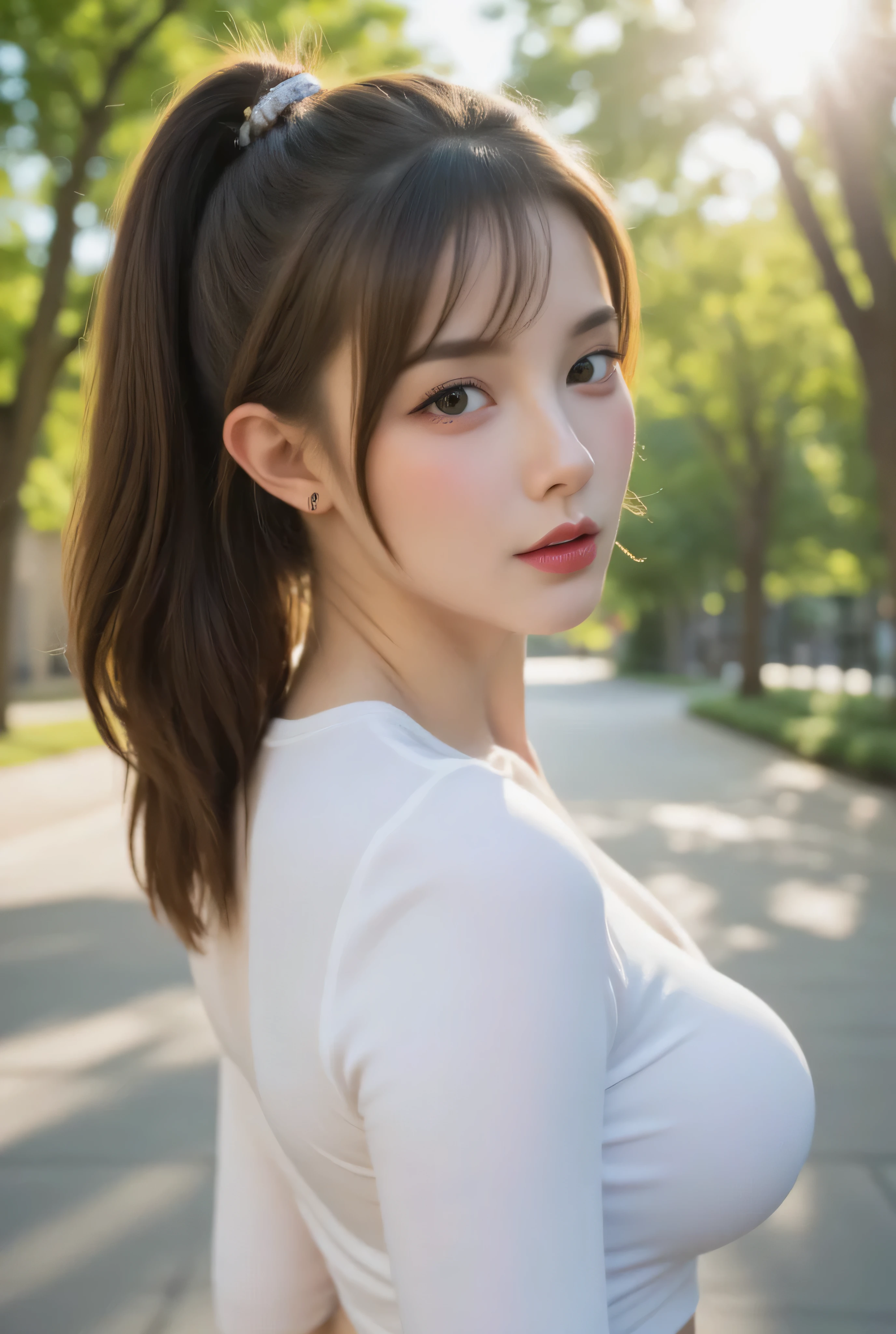 sfw, close up amateur shot, beautiful young woman, dark brown hair, ponytail, (tied-back ponytail), tight white crop top shirt, earring, fair white skin, round breasts, neon hazel eye color, (eye contact), happy, grin, lip filler, glossy lips, teeth, outdoor nature park sidewalk background, seductive pose, woman above