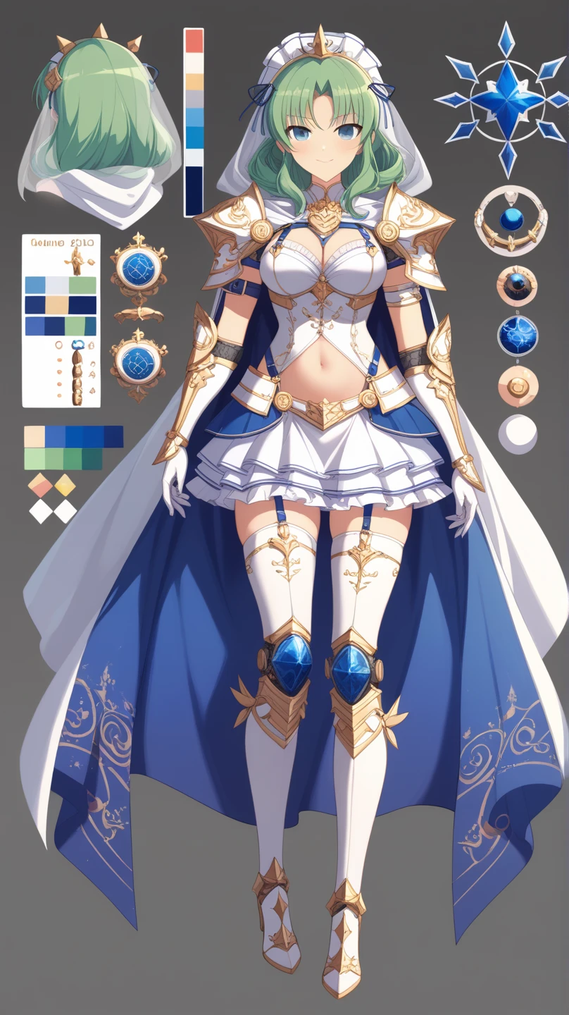((masterpiece:1.2)), ((highest quality)), concept art, character concept art, character sheet, (masterpiece), best quality, 1girl, solo, a girl in armor and a crown,white armor, golden decoration, off-shoulder, breasts, thighhighs, long hair, brown hair, sidetail, armored legs, cleavage, bare shoulders, zettai ryouiki, crown, gloves, armor, simple background, white gloves, biue dress, high heels, shoulder armor