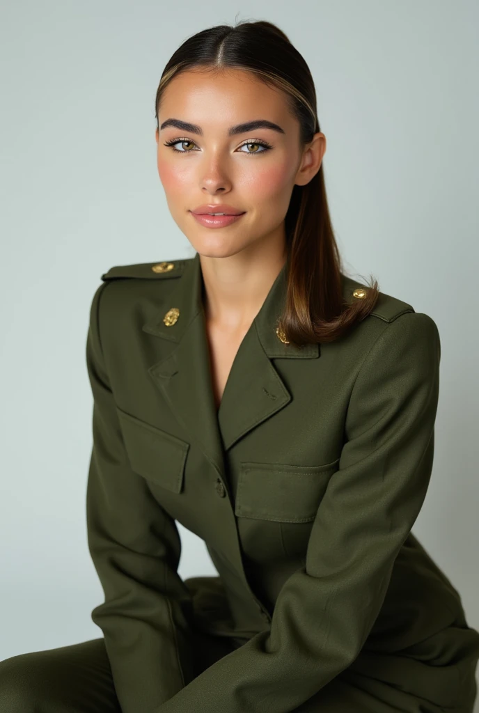 girl in military israel uniform,1 mulher adulta, cabelo comprido, cabelo cacheado, cabelo cor preto, pele suave, olhos castanhos, sorrir, vegetation, Occasional, Businesswoman style clothes, blaser marrom claro, realista, com fundo em um restaurante chique, 8k super realista, super detalhado e realista