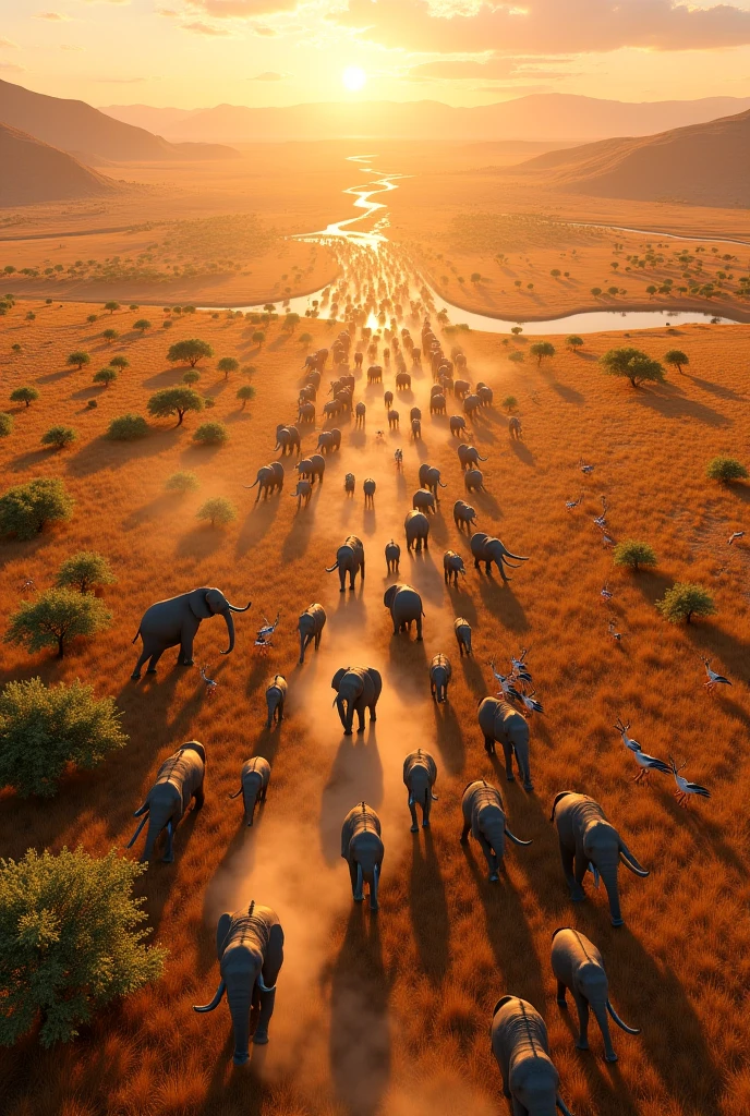 A stunning, hyper-realistic photograph of the breathtaking African landscape. The sky is painted with vibrant colors of orange, pink, and purple, creating a mesmerizing sunset. The vast savannah stretches across the foreground, filled with tall grasses, and features a herd of majestic elephants grazing peacefully. In the distance, a group of giraffes can be seen silhouetted against the colorful sky. The image is captured in the highest resolution, showcasing the exquisite detail and sparkling colors of this iconic African scene.