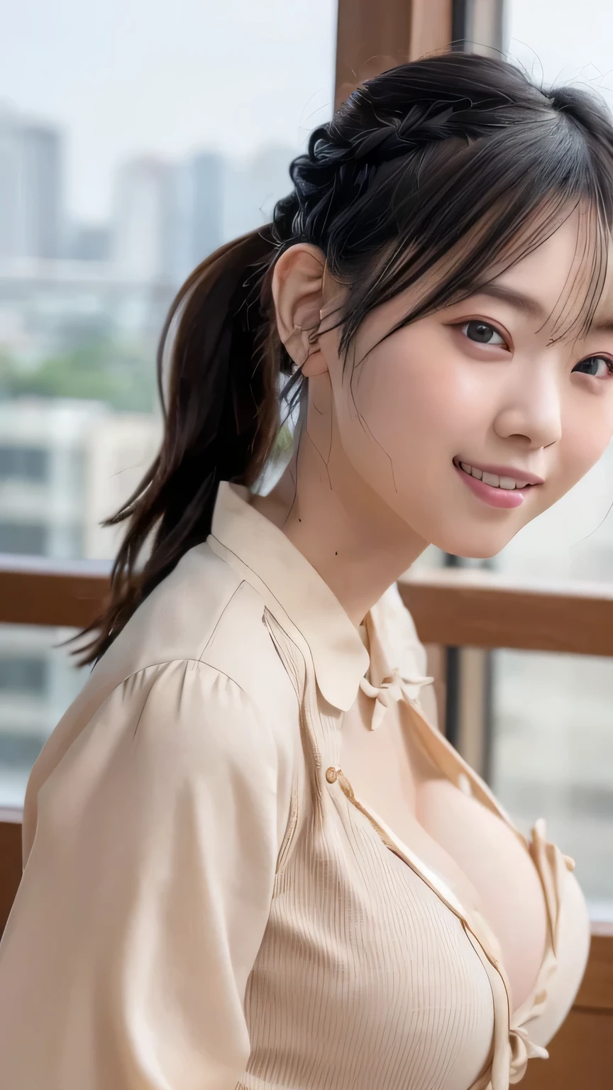 Tabletop, Highest quality, shape, Very detailed, finely, High resolution, 8k wallpaper, 完璧なダイナミックな構shape, Beautiful and beautiful eyes, Hair Bun,,Natural color lip, Random sexy poses,smile,Home、20-year-old girl、cute、Looking into the camera,RAW Photos,Kamimei,Shooting from above,Anatomically correct