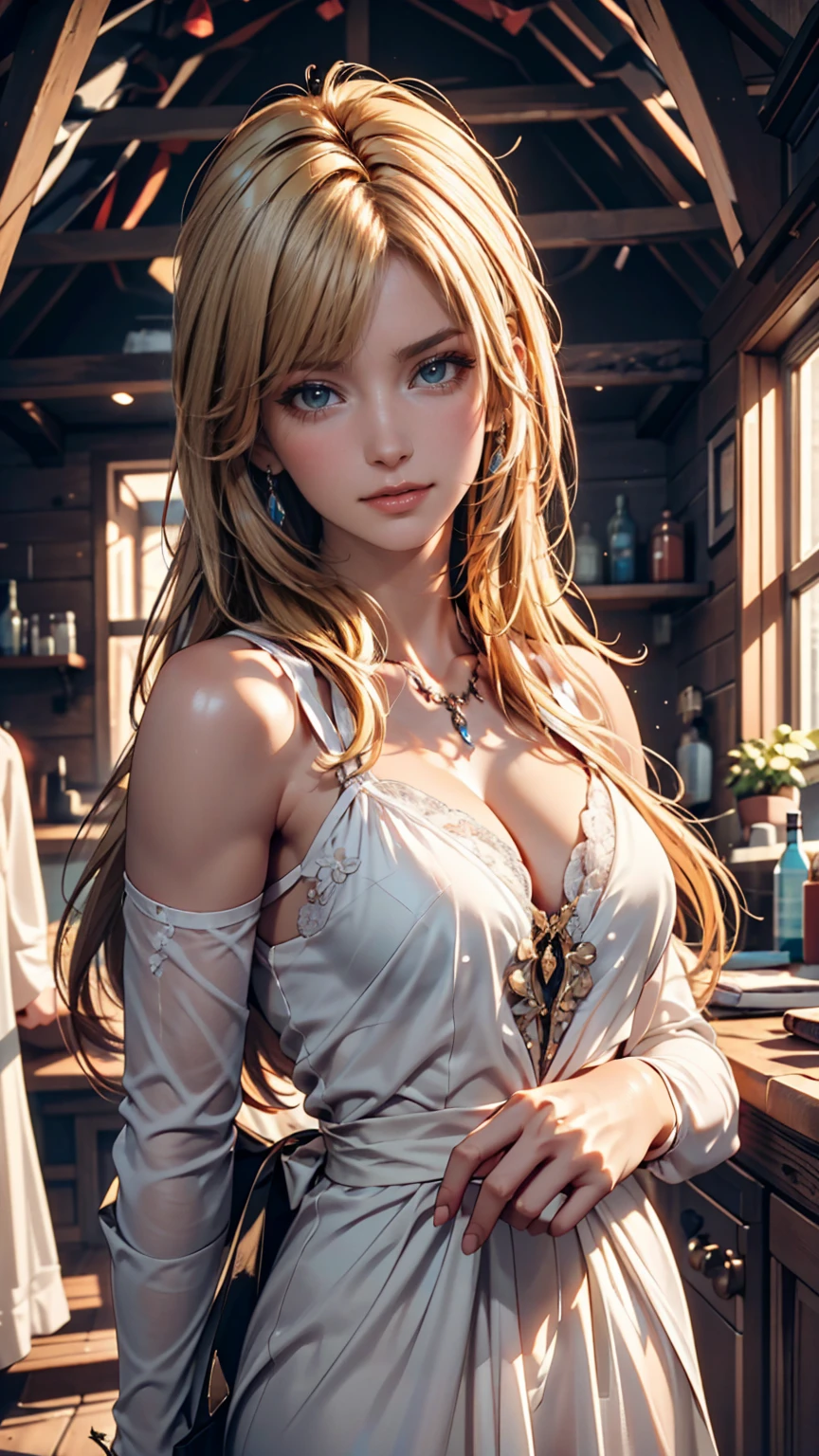 (8K, RAW Photos, Highest quality, masterpiece:1.2), (Realistic, photo-Realistic:1.37)、Fashion model body type、Having her hair done、 chest is popping out、Wear accessories on your wrist、Wearing accessories on the ankle、smile、White women、Platinum Blonde、blue eyes、Two Side Up((hair two side up))、Illusion Neck((illusion neck))Wear a dress、Wear mules、smile
、Tropical、Wear a lace choker