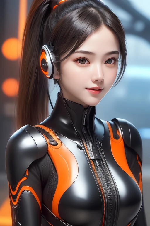 Top Quality, Masterpiece, Ultra High Resolution, (Photorealistic: 1.4), Raw Photo, 1 Girl, Black Hair, Glossy Skin, 1 Mechanical Girl, (((Ultra Realistic Details)), Portrait, Global Illumination, Shadows, Octane Rendering, 8K, Ultra Sharp, Intricate Ornaments Details, realistic skin, sweat effect, ((wearing Headphone)), very intricate detail, realistic light, CGSoation trend, brown eyes, glowing eyes, matte black and glossy orange mechanical bodysuit, Long hair, black hair, Ponytail hair, full body shot, spaceship bridge background, dynamic pose, close up, smile,
