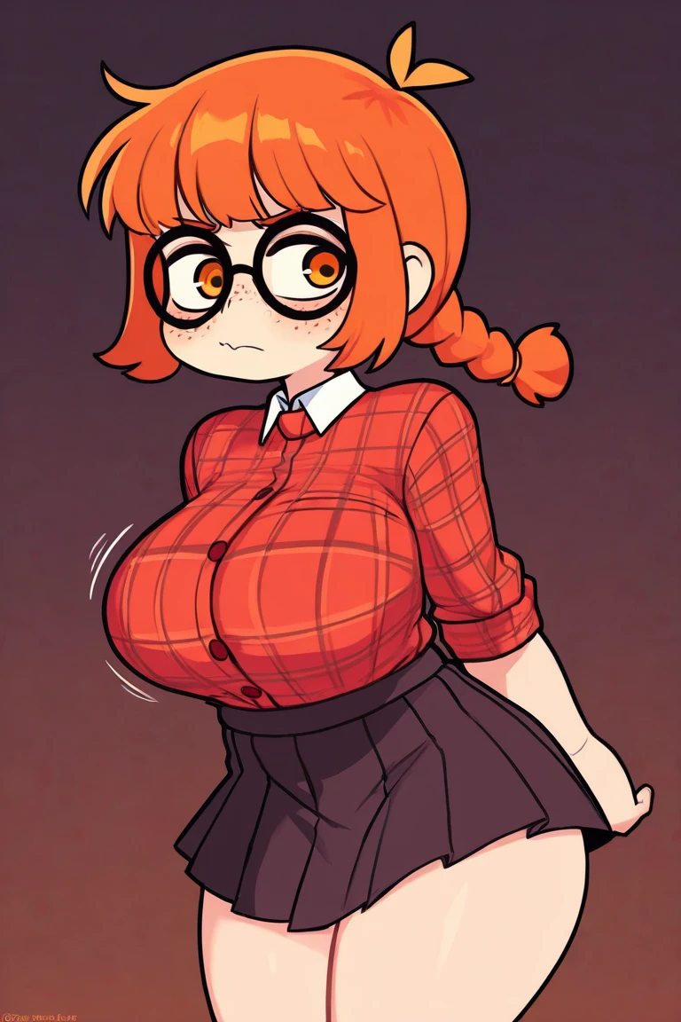 A beautiful woman in love cute tender beautiful specific mind pride I smiled huge chest red hair wavy fluffy two long pigtails round her red eye dots blue she dresses light pink blouse button up button long sleeve arms under a yellow shirt and a navy blue pants wearing hair glasses crystal cool