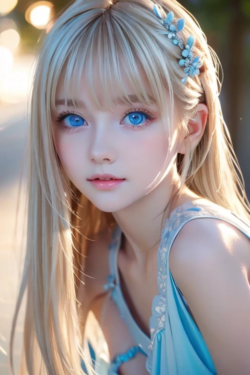 Extraordinary sexy beauty、beautiful, A kind and bright expression、Sexy and refreshing impression、Perfect beautiful Pretty face、Super long ponytail、Bangs that cover the eyes、Facial hair、Super long, Shine mystically、Natural straight platinum blonde hair、beautiful facial hair、very cute、beautifully、セクシーなlikeい小さな女性、とても完璧でbeautiful, Pretty face、Large, bright, light blue eyes that sparkle beautifully、Very big eyes、Very white, like々Brighter skin、Small Face Beauty、Round face
