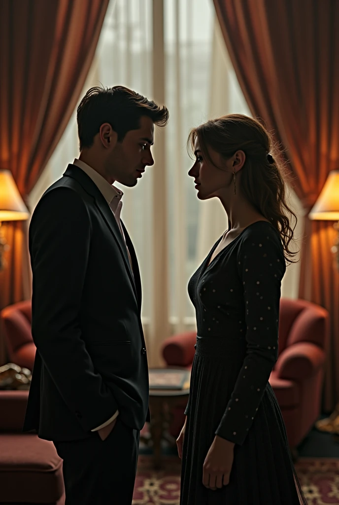 Lovers, a girl and a guy. A girl with brown hair, a girl with green eyes, high cheekbones, a simple dress. Guy, young aristocrat, flaxen hair, icy gray eyes, classic suit. The girl and the guy are in the library of the mansion. Sensual atmosphere, love kiss, the atmosphere of 1920s England, high detail, realistic image, photography