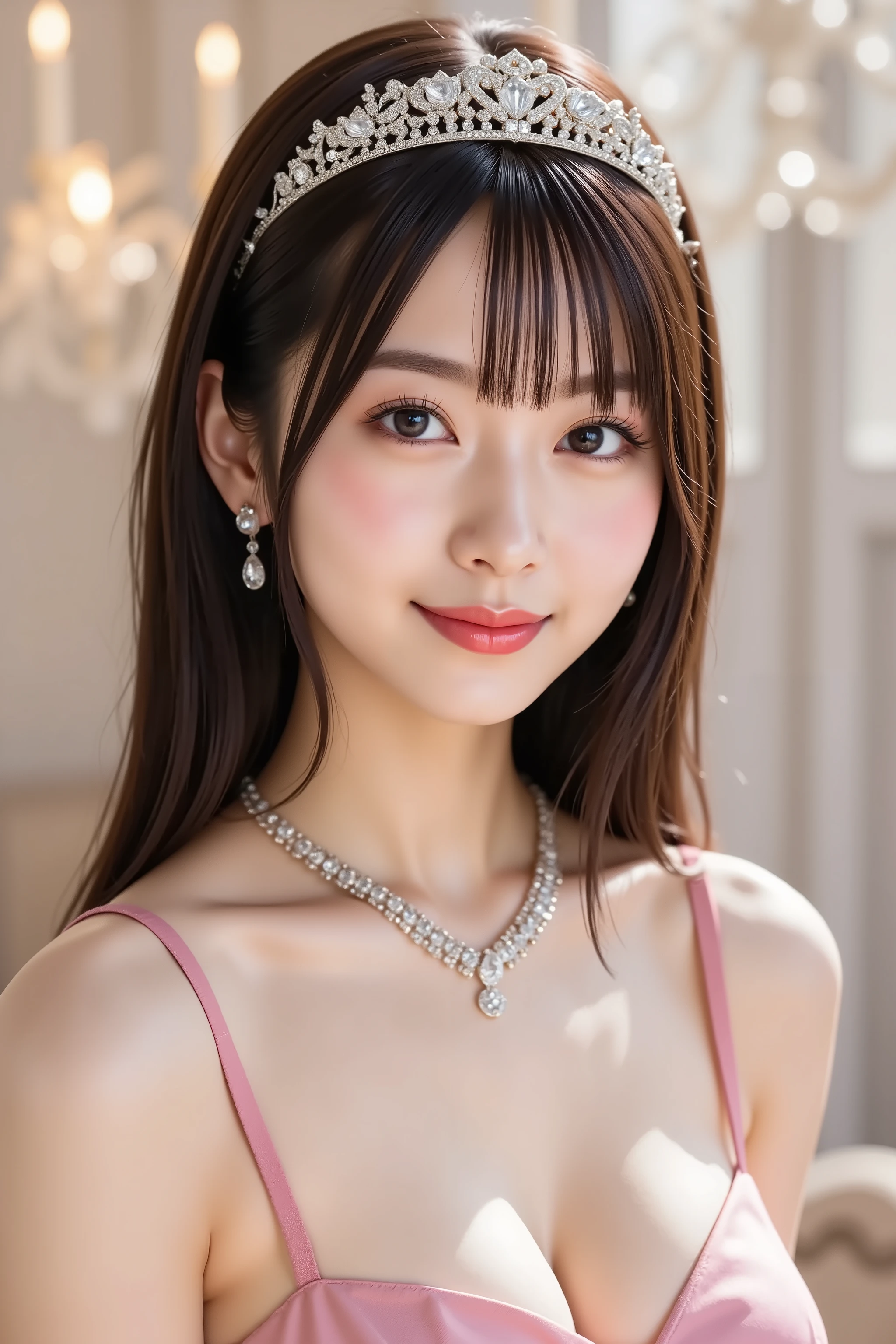 face positioned accurately in the center of the image, Upper chest, head is fully reflected with tight tension, face is clearly visible as a full body shot, pink strapless dress with jewels, luxury backdrop with chandelier and luxurious jewelry, tiara、 necklaces and earrings 、long hair around my chest, Bangs, smile, young and cute Japanese face, Official Art, high image quality CG Unity 8k wallpaper, Ultra high image quality, very detailed, high image quality, film grain, lens flare glow, top quality, 8k, as a portrait, 8k, viewer, masterpiece, top quality, very detailed, it's cute, sexy, very detailedな, Detailed Features , beautiful, illustration of a woman having a penis, beautiful Japanese woman, Women's 1, tight breasts