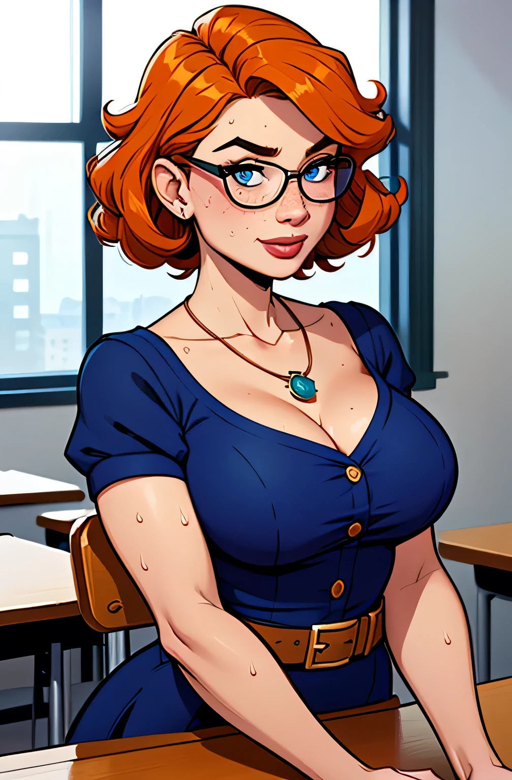 (absurd lines, HD, Ultra Delicate, be careful with your hand) Close-up of an athletic woman, slim and curvy, 25 years, 8k (high definition), Beautiful Smile, Seductive look, blue eyes, thin nose, teacher wearing blue dress shirt ((V-neck, buttons, necklace with pendant, short sleeves )), discreet belt and skirt , herself wearing glasses, arms positioned on the sides of her body, white-skinned, orange hair ((short and curly)), She is sitting next to a window ((upper body)), with freckles on your chest and neck , ((big round breasts, sweaty)), ((Well defined collarbone)). Marvel style ((HQ)), classroom in the background .
