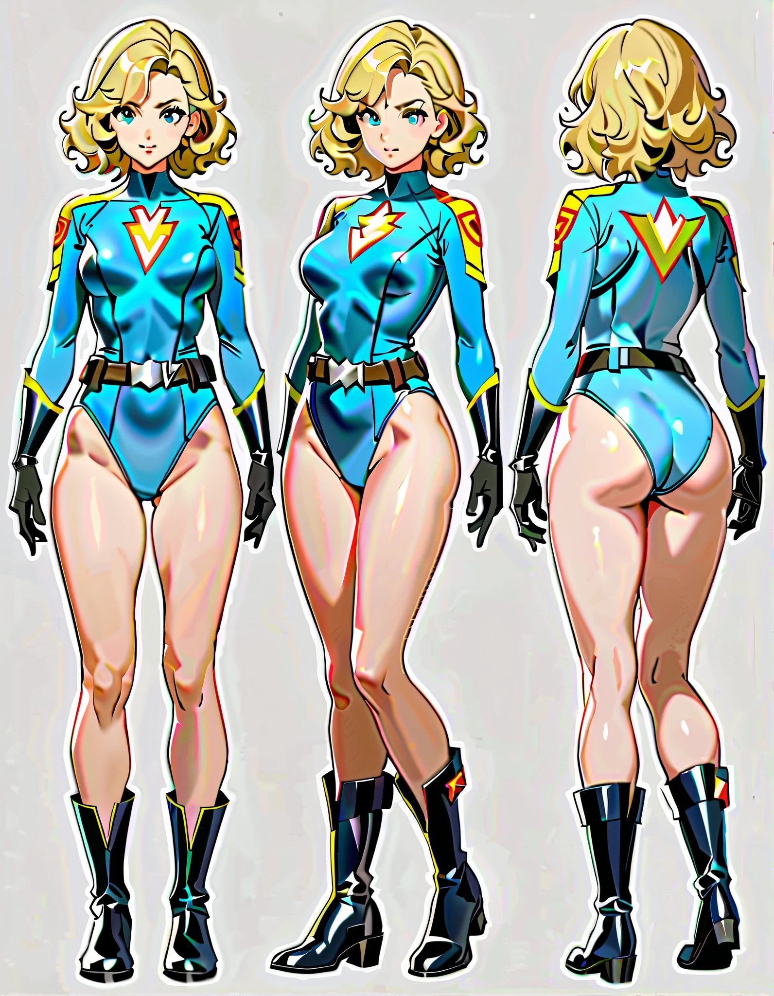 (masterpiece), (best quality), (hires), highly detailed, professional, 1lady,  lady, tall body, (gold belt, tight belt), blonde hair, short hair, bob hair, blue eyes, beautiful detailed eyes, beautiful detailed face, (ankle-length boots, knee boots, yellow boots, yellow footwear), (large breastum breasts), (teyellow leotard, sleeves, long sleeves, tight sleeves, perfect fit), perfect hands, complete fingers, (gold bracelets), (bare legs), red lips, solo, solo focus, superhero, ((gold star symbol on chest)), ((blue diamond belt buckle)), full body shot, full body with costume, semi-realistic, serious. Simple background, Multiple Views, Character Sheet Full-Length.