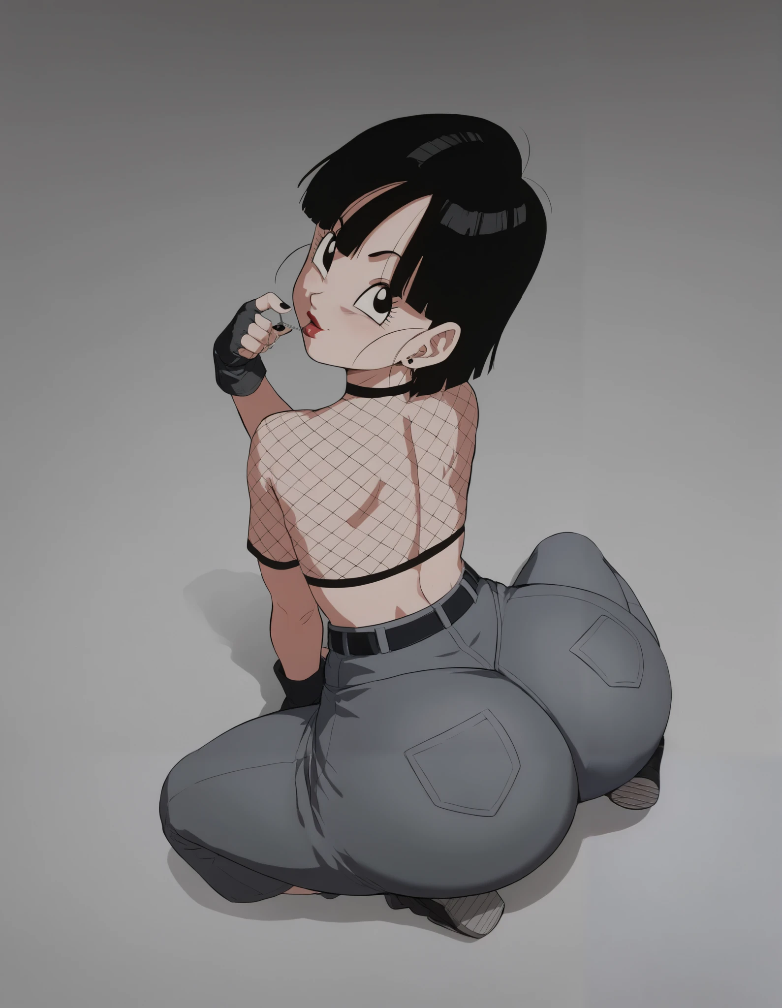 SCORE_9, SCORE_8_UP, SCORE_7_UP, SCORE_6_UP, Pan, Pan dragon ball, Pan dragonball gt, short girl, girl, adolescent, ager, age girl, goth girl, MASTERPIECE, BEST QUALITY, HIGH QUALITY, HIGHRES, ABSURDRES, PERFECT COMPOSITION, INTRICATE DETAILS, ULTRA-DETAILED, PERFECT FISHNET, PERFECT BODY, PERFECT FACE, PERFECT FACE, PERFECT EYES, fishnet tights, anime style, goth, black clothing, best quality, expressive eyes, perfect face, view from above, pole dance, 1girl, perfect pale skin, large hips, peachy ass, huge butt, string, slutty girl, lipstick, wearing black fishnet costume, money on ground,