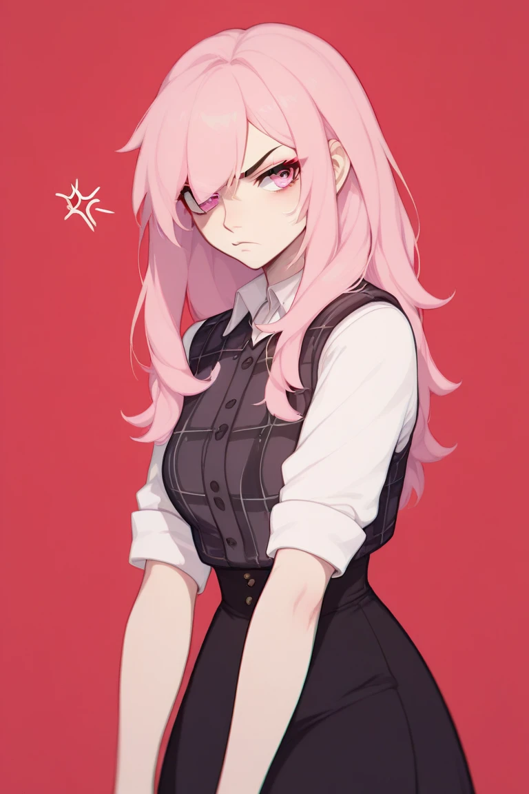The image is of a beautiful woman wearing a tight fitting black button-up shirt with a short pleated black and white skirt. The school outfit is black with white accents. The woman has long flowing pink hair with strands of braided hair tied with red ribbon throughout. She has gorgeous green eyes that shine like emeralds. Her face is youthful and gorgeous. Her breasts are ample and seem too large for her tight fitting black uniform top. She is short in height but well developed -a short stack. She blushes as you look at her. She's standing in the doorframe to your bedroom. Slightly embarrassed and nervous but also excited to be with you. The image is ultra detailed with gorgeous colors, perfect line work, and detailed shading.