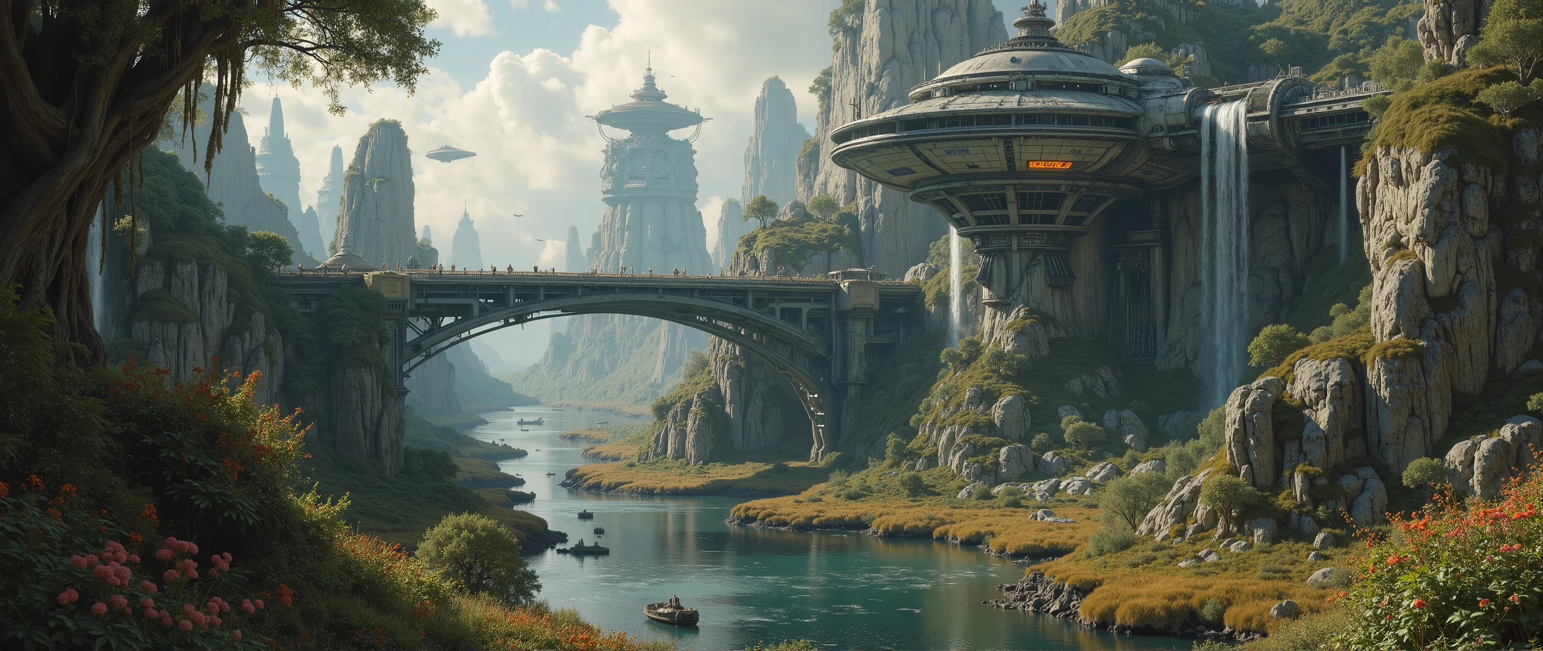 epic oil painting , 16 thousand., photo quality, The fantasy zone , science fiction, fantastic landscape from a very high altitude with warships and living organisms, portrait of a starship captain's girlfriend sitting inside a starship on the command bridge and managing a starship landing with her crew, dangerous mangrove planet with mangrove swamps , , a dangerous marsh planet with springs flowing through the rocks and small picturesque waterfalls, Orion constellation universe, with a scrupulous drawing of all the small details, detailing with thousands of small details , epic oil painting , view of the landscape from a very high altitude, close-up of a smelling flower, 16 ,