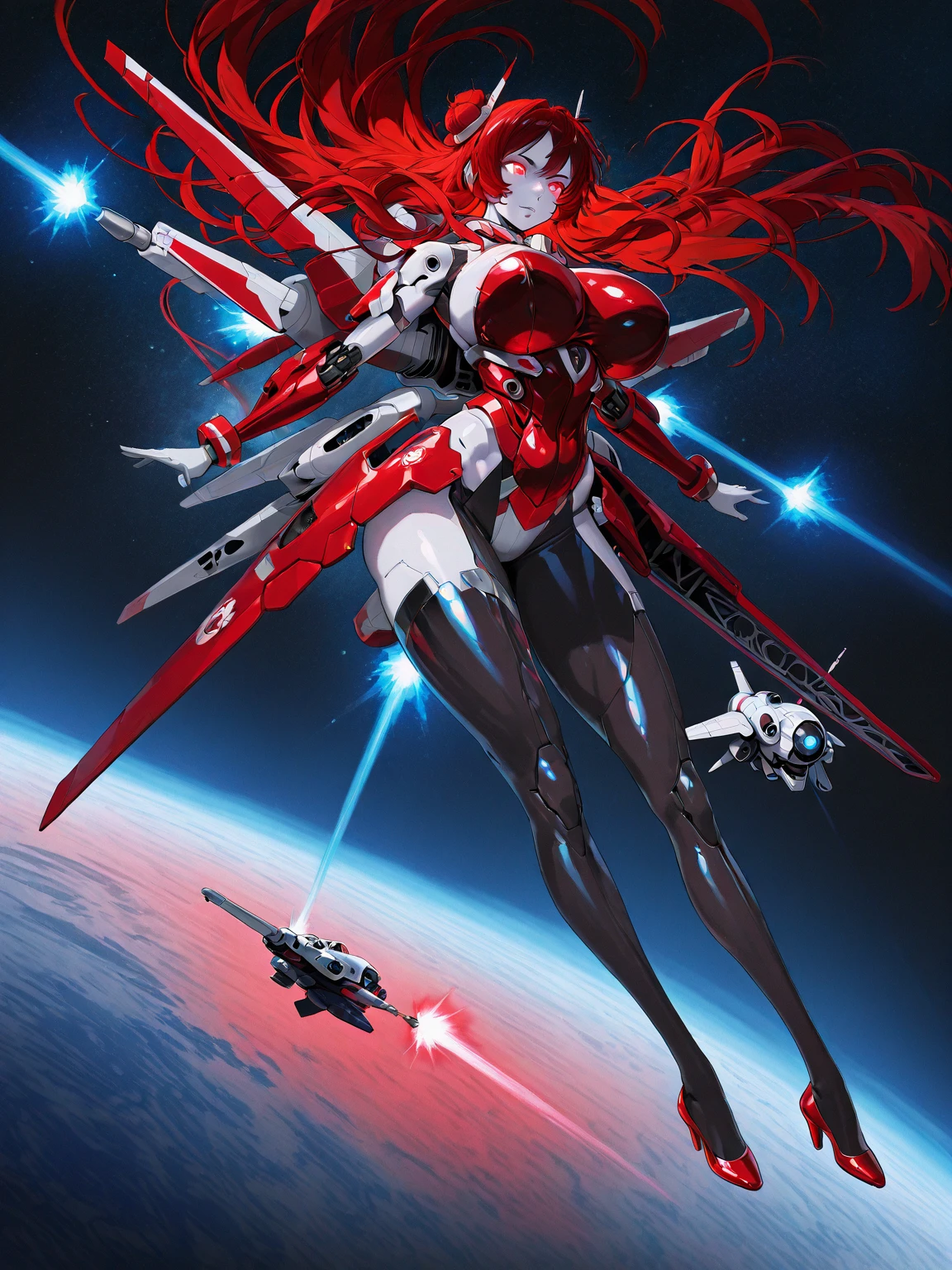 a girl flying over a futuristic city, (flying: 1.4), (futuristic city: 1.4), (thick body: 1.4), (long red hair: 1.4), green eyes, HDR (high dynamic range), Ray Tracing, NVIDIA RTX, Super-Resolution, Unreal 5, subsurface scattering, PBR texturing, post-processing, anisotropic filtering, depth of field, maximum clarity and sharpness, multilayer textures, albedo and specular maps, surface shading, accurate simulation of light-material interaction , Octane Render, Two-Tone Lighting, Low ISO, White Balance, Rule of Thirds, Wide Aperture, 8K RAW, Efficient Sub-Pixel, Sub-Pixel Convolution, (Luminescent Particles:1.4), {{Masterpiece, Best Quality , Extremely Detailed CG, Unity 8k Wallpaper, 3D, Cinematic Lighting, Lens Flare}},