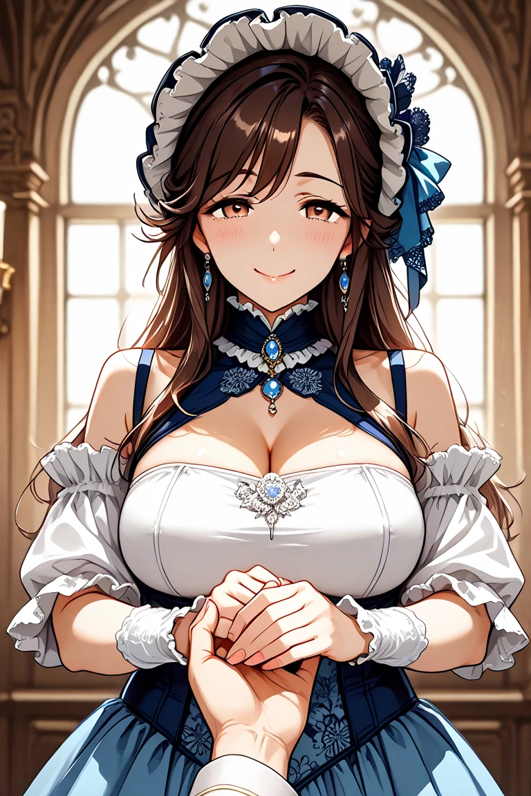 maid clothes、独奏、Smiling face、Very delicate、in a house、Luxury home with chandelier、A light、Strong shading、Focus on girls、Put your hands on the table、5Finger、large full breasts