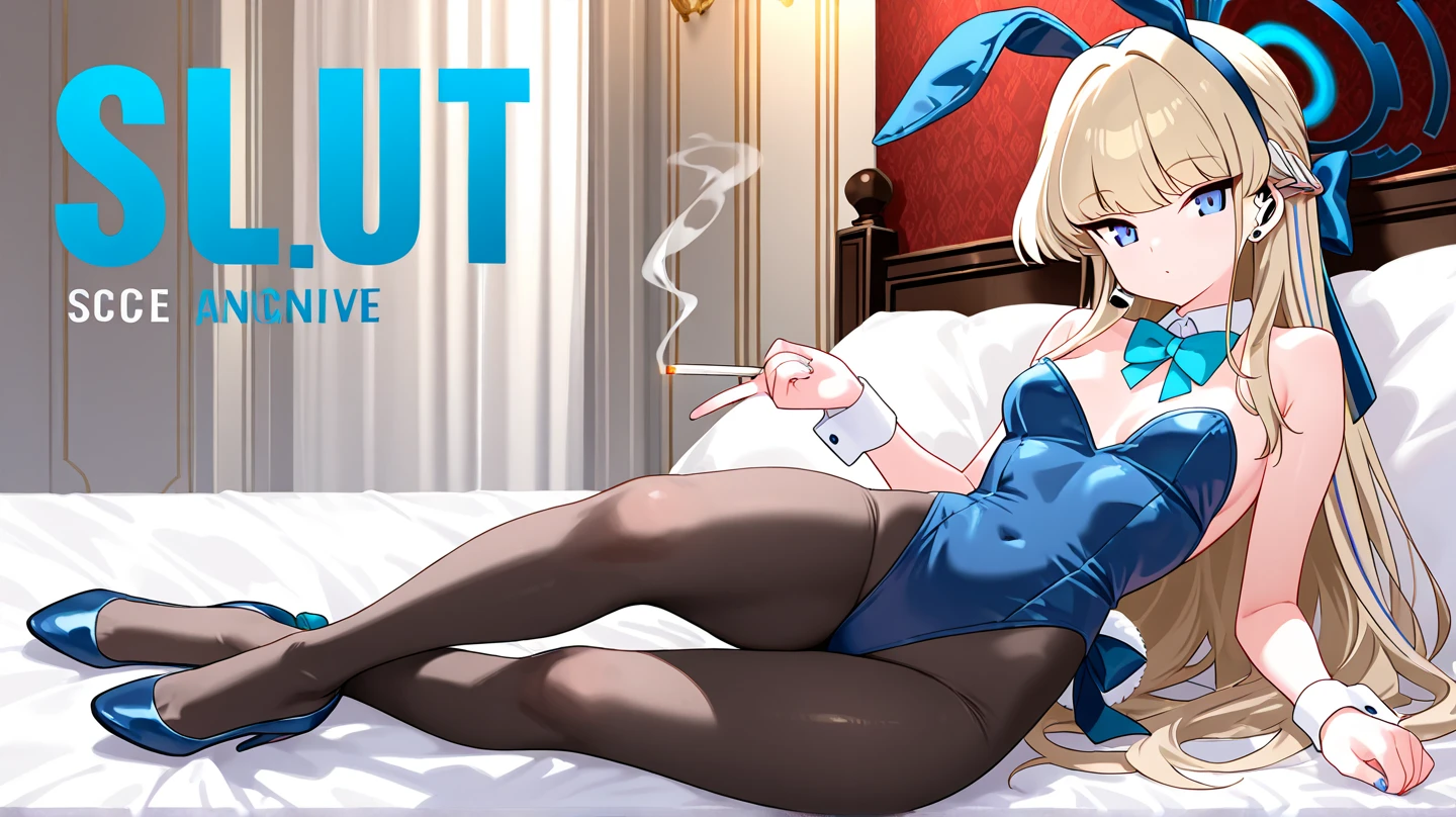 (Extremely detailed CG,highest quality,8k, masterpiece: 1.3),Very detailed, Ultra-high resolution,Ellen Baker,girl(teacher),22 years old,Green Eyes,Delicate eyes, hair(blonde,length,((Loose Side Tail)),Big Breasts, hair ornament, bow, Animal ears, Cleavage, :d, pantyhose, Thighs, tooth, indoor, bowtie, Black footwear, Bunny ears, High heels, Raise the hand, leotard, Wrist cuff, Covered navel, Thighsストラップ, fake Animal ears, High leg, Playboy Bunny, squat, High leg leotard, white leotard