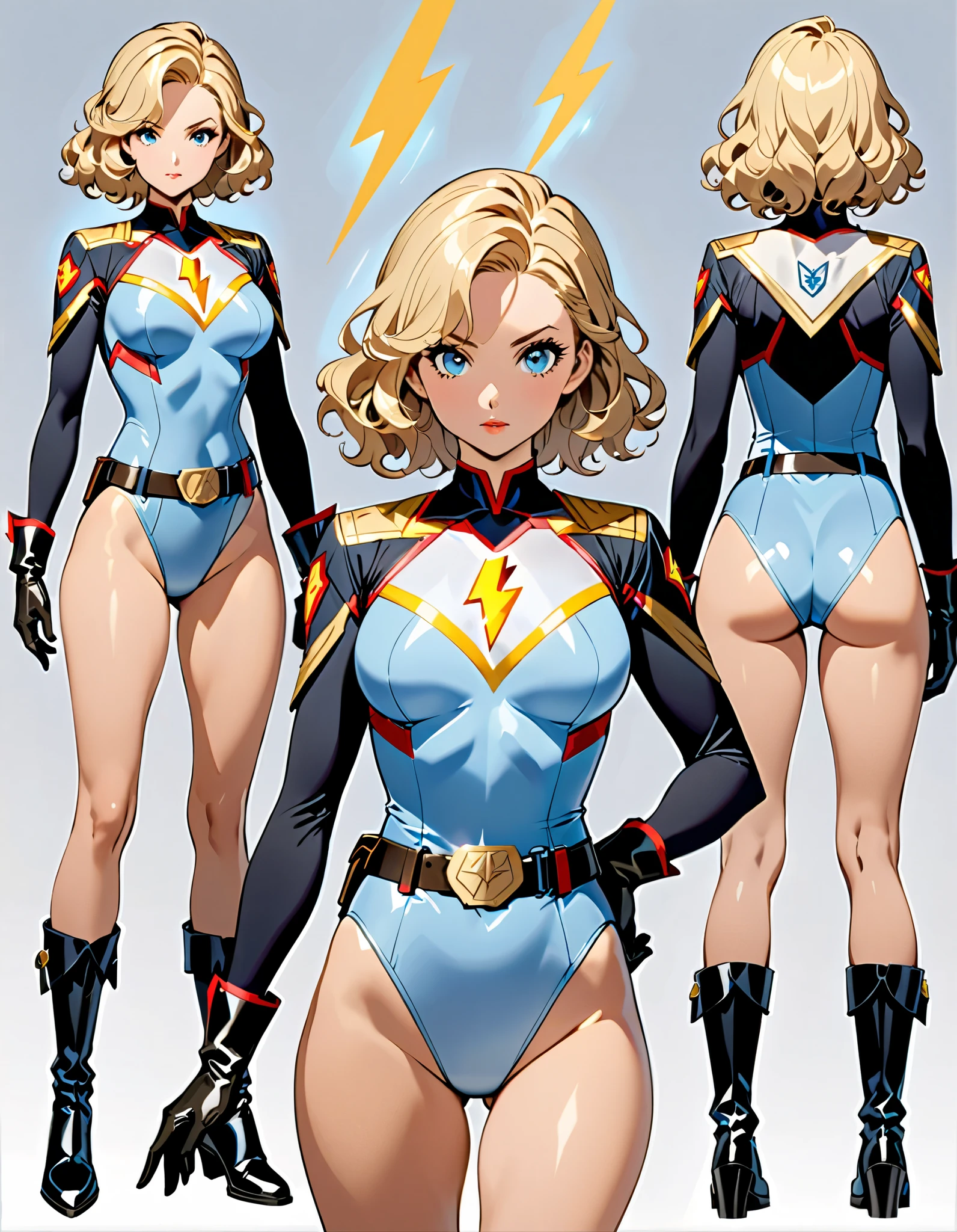 (masterpiece), (best quality), (high res), medium breasts, ((leotard, white and red leotard, matching leotard, sleeveless, bare legs)), ((tight belt, gold belt)), ((boots, matching boots, ankle-high boots, white boots)), ((gloves, white gloves)), solo, solo focus, standing, ((beautiful detailed eyes)), ((gold star symbol on chest)), (brown hair, medium hair, bob hair, purple eyes), (perfect hands, perfect anatomy), superhero, full body costume design. Character Sheet Full-Length.
