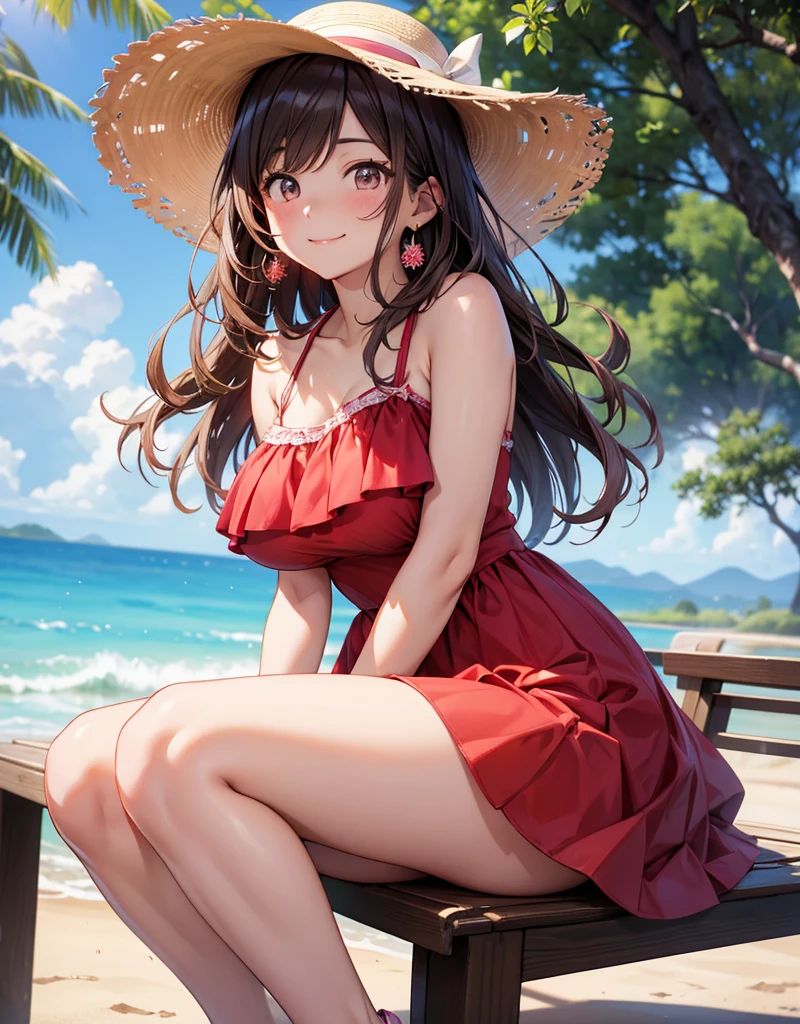 high quality,masterpiece,premium quality, cute,girl, C cup size breasts, brown long hair, cute red lace Mini dress that shows cleavage, Knee-high Socks Barefoot, sunny beach, Eye level,sunlight,Angle of View