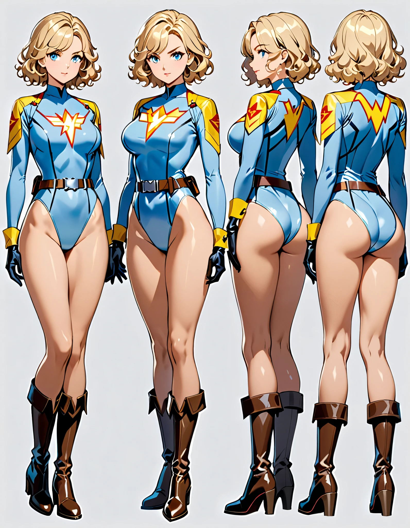 masterpiece, best quality, 1girl, superhero, ((leotard, dark blue leotard)), long sleeves, bare legs, boots, dark blue boots, matching boots, medium breasts, standing, standing straight, dark blue hair, ((short hair, bob hair)), blue eyes, beautiful detailed eyes, beautiful detailed face, cute face, (perfect hands, complete fingers, perfect anatomy, perfect proportions),((star symbol on the chest)), serious, full body with costume. Simple background, Multiple Views, Character Sheet Full-Length.