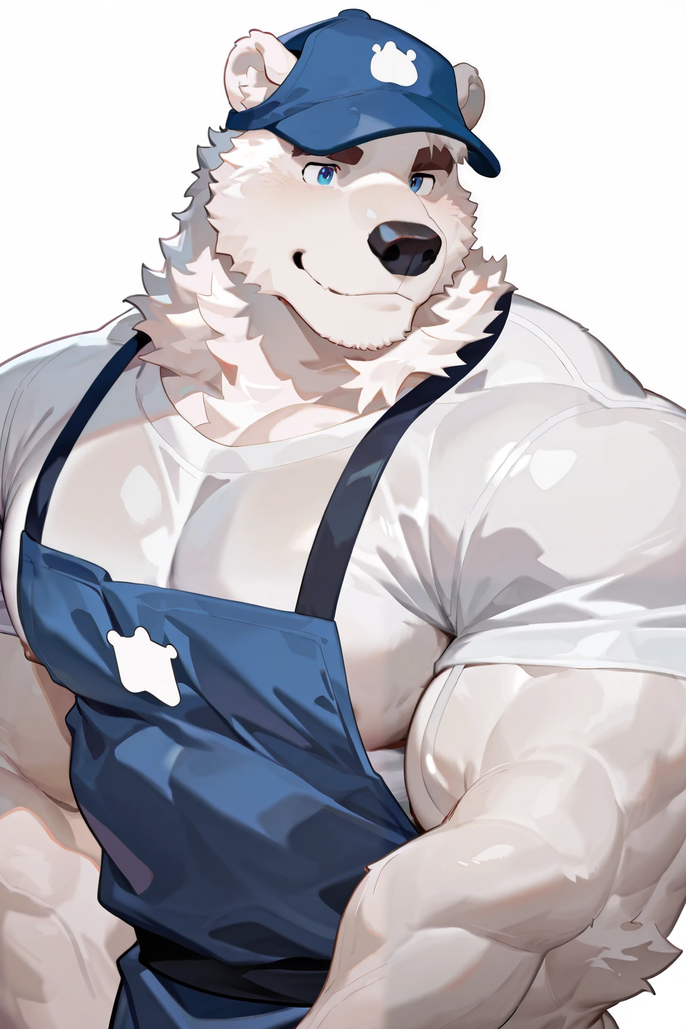 1 boy , alone, human furry , polar bear, white fur, blue eyes, White hair,Brown eyebrows, strong ,Sturdy ,muscular。Well-developed chest muscles,
White T-shirt,Blue Apron,Blue Hat。
Cheerful ,Confident Gesture。
masterpiece, is the best quality,
