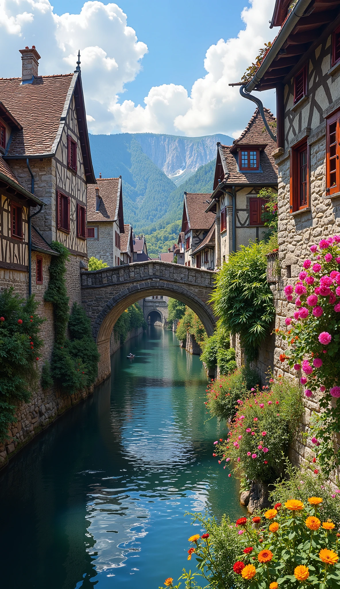  in high-definition images、medieval European rural masterpiece 、 bright flower color 、 Spectacular Dramatic Expressions in Intense Style 、 Small village 、 Gothic Bridges 、 river 、 BREAK's Masterpiece  、 clear, crystal clear water, top quality intricate detail 、  super clear 、 Screen Environment  、 Realistic shadows 、 Solid Buildings、 Image quality is excellent、 many ways to see flowers blooming。