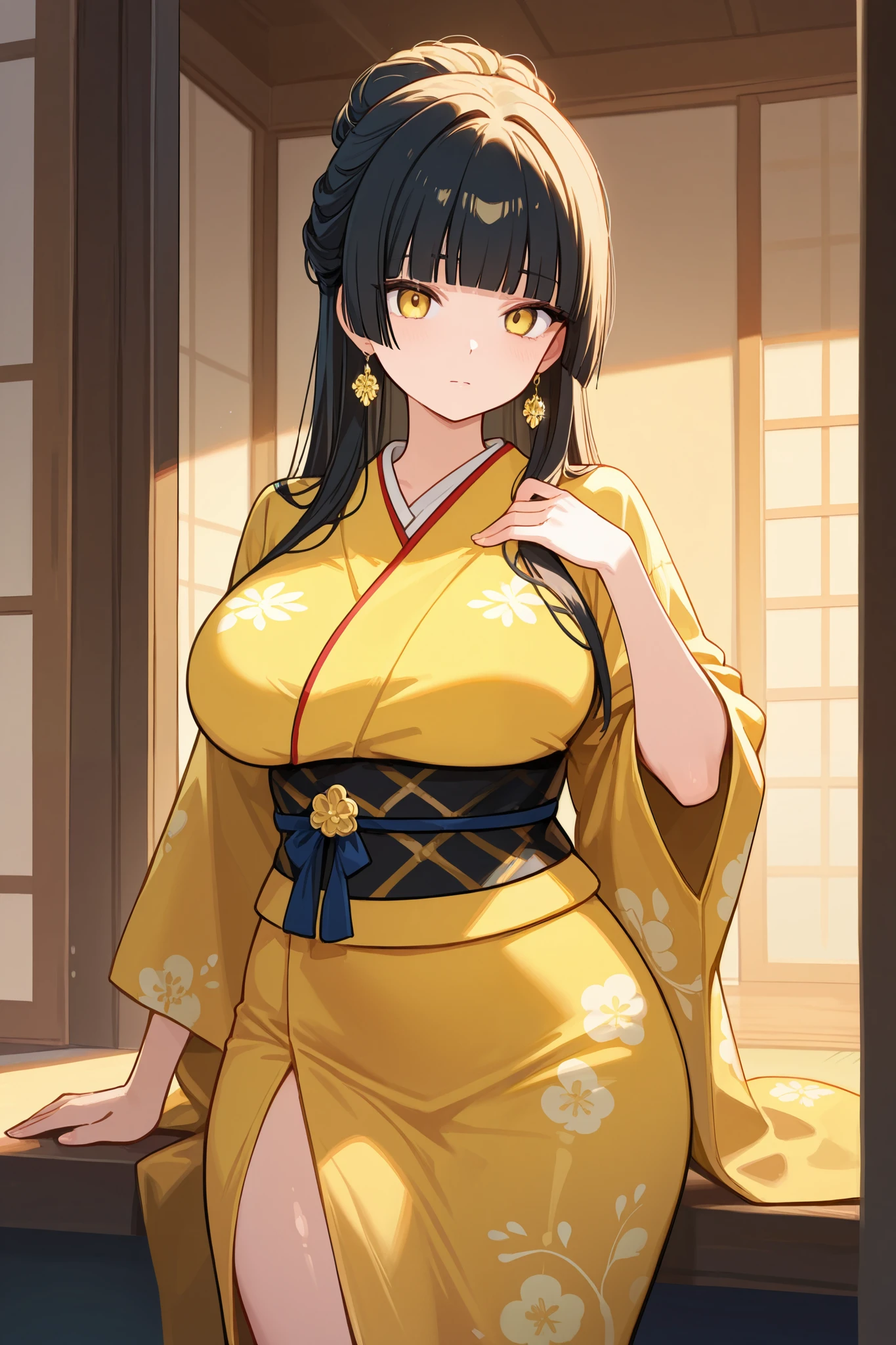 pokemonerika, pokemonerika, (light grey eyes:1.5), black hair, headband, short hair, gigantic breasts
BREAK japanese clothes, off shoulder kimono, bare shoulders, ((yellow kimono)), hakama, red hakama, long sleeves, wide sleeves, topless kimono
BREAK looking at viewer, upper body, full body, (cowboy shot:1.5),
BREAK outdoors, flower field, many flowers, sitting against azelea tree,
BREAK (masterpiece:1.2), best quality, high resolution, unity 8k wallpaper, (illustration:0.8), (beautiful detailed eyes:1.6), extremely detailed face, perfect lighting, extremely detailed CG, (perfect hands, perfect anatomy), detailed background
