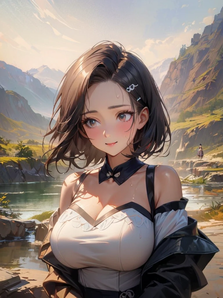 Best quality at best, tmasterpiece, extremely the detailed, the detailed background, the detailed eyes, jpn, 1Beautifulwoman, pretty eyes, Young girls, long hair girl, Smile, Common, Premium, 山ventania景, Outdoor sports, the sunset, Big breasts are beautiful的天空, Lake picnic, The landscape, ventania景, horizon, sitting near mountains, ventania, petals, springtime, look away, ambientlighting, reflector, natural, the detail, actual. flabbiness, Big breasts are beautiful, Just focus, closeup cleavage, seen from the side, depth of fields, bokeh